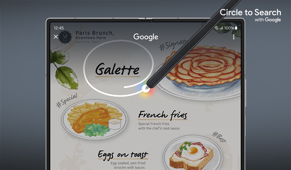 메뉴 중 'Galette' 단어에 S펜으로 동그라미를 치고 구글 검색 결과가 나타납니다.