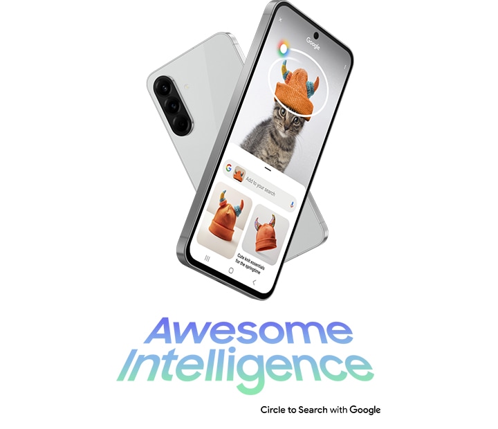 2대의 어썸 화이트 색상의 갤럭시 A36 5G 기기입니다. 하나는 화면에 추상적인 그래픽이 표시된 전면을 노출하고, 다른 하나는 어썸 화이트 색상의 카메라 레이아웃과 후면을 노출합니다.