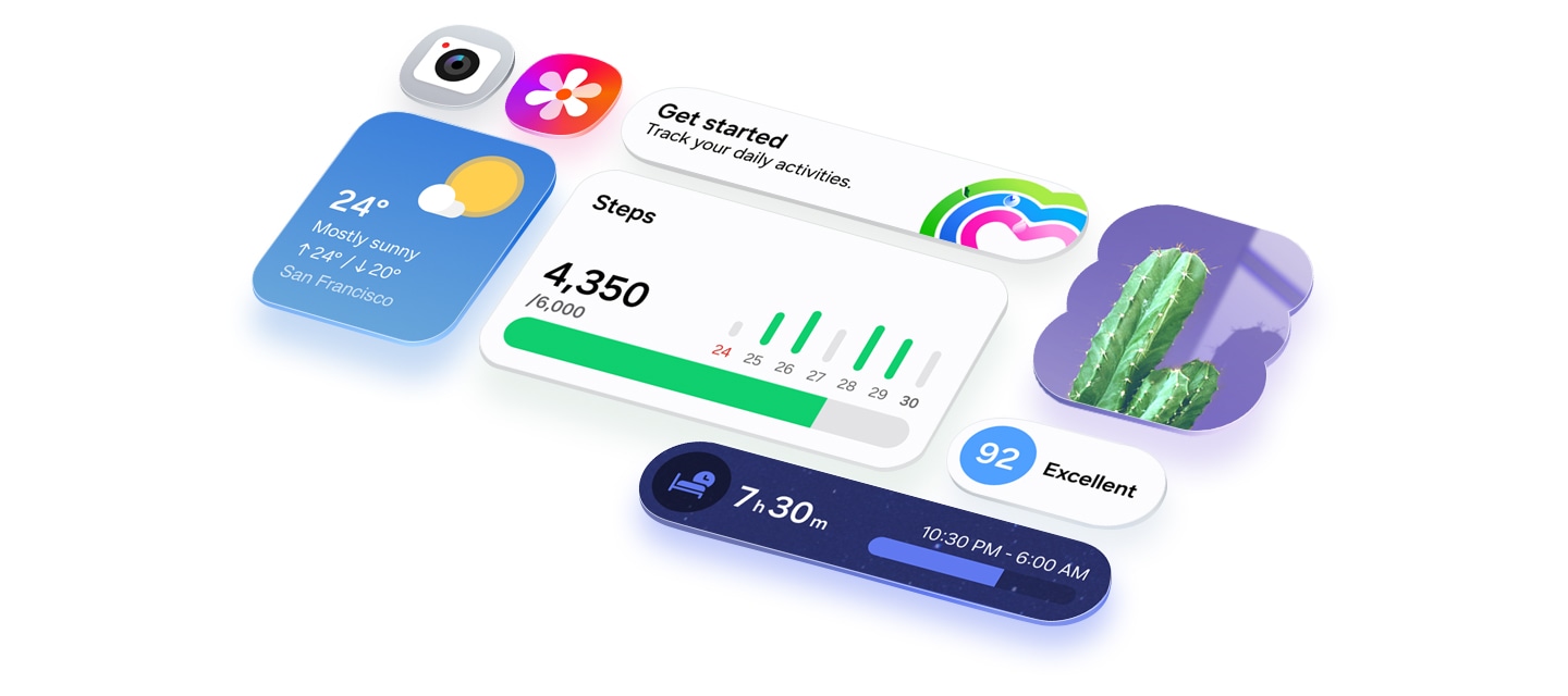 One UI 8.5 사용자 인터페이스의 다양한 앱 아이콘과 앱 위젯이 격자 형태로 깔끔하게 배열되어 직관적인 디자인을 강조합니다.